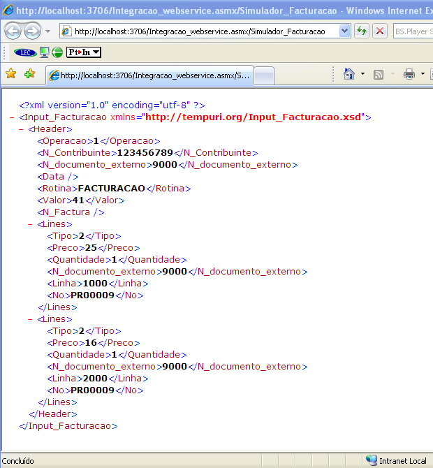 Figura 40 Resposta XML - Web Service Simulação Facturação (Sucesso) O valor da factura neste caso é de 41.