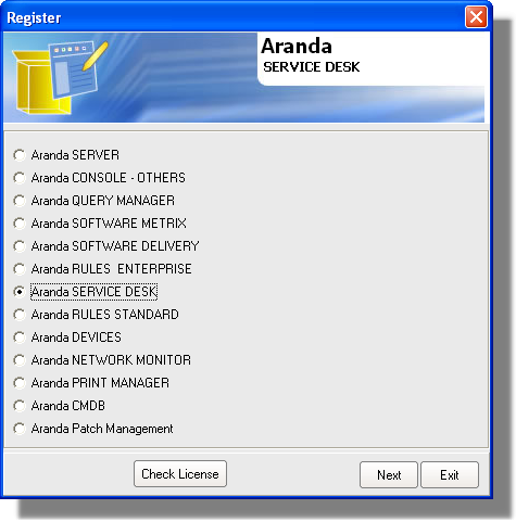 Licenciamento do Aranda SERVICE DESK No servidor Para registrar Aranda SERVICE DESK SERVER (com todos os módulos do servidor) faça os passos explicados a seguir. 1. Ingresse no módulo Aranda Registry.