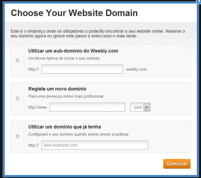 Nesta etapa devemos escolher o nome de domínio, ou seja, o endereço do site. No Weebly existem 3 opções: 1 Utilizar um sub-domínio do Weebly.com (é de graça) Ex.: teste.weebly.