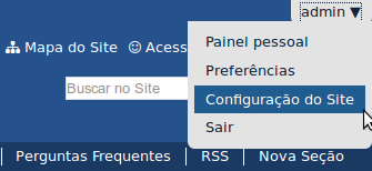 1. Clique sobre o nome do usuário no canto superior direito do portal; 2. Selecione a opção Configuração do site ; 3.