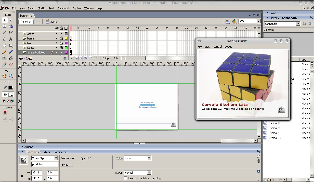 43 Figura 20: área de trabalho do Flash 8, com o arquivo carregado e pronto para edição.