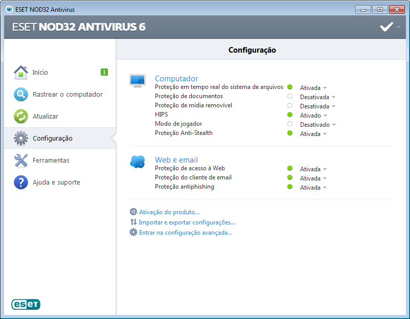 4. Trabalhar com o ESET NOD32 Antivirus As opções de configuração do ESET NOD32 Antivirus permitem ajustar os níveis de proteção do computador.