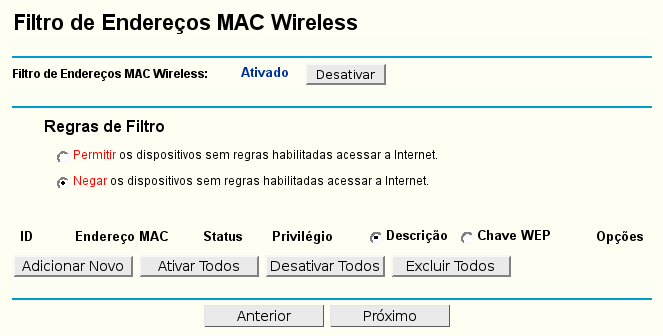 Filtro de MAC O Filtro de Endereços MAC para redes Wireless é configurado nesta página, conforme a figura a seguir: 50 Filtro de endereço MAC Wireless A opção Filtro de Endereços MAC Wireless permite