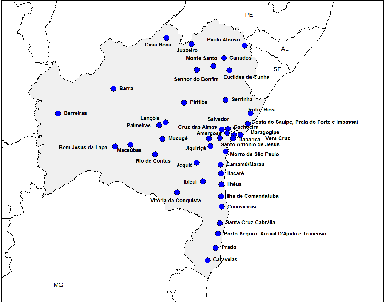 Mapa das localidades de entrevista na pesquisa de Caracterização do Turismo Receptivo no Estado da Bahia As localidades mais visitadas mereceram tratamentos especiais com vista à diminuição dos erros