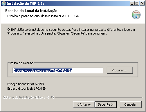 Clique em Aceito para seguir a instalação. Na tela seguinte é possível selecionar a pasta em que o sistema será instalado.