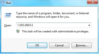 Etapa 3: A partir de um computador conectado ao roteador: Windows XP Clique em Iniciar e, em seguida, vá para Executar Digite \\ seguido pelo endereço IP do roteador (o padrão é 192.168.0.