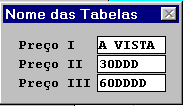 Você tem 6 opções: Tela de Manutenção, Impressão da Tabela de Preços, Impressão da Tabela de Custos, Impressão do Estoque, Atualização dos Preços e Entrada/Saída de Estoque, Valorização do Estoque e