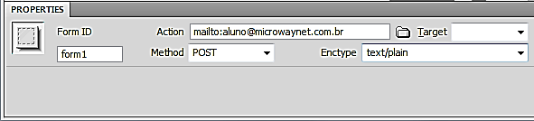 Digite as propriedades conforme a figura nos campos Action e Enctype. Action: é a ação, ou seja, o que o formulário vai fazer. No caso, enviar os dados para um e- mail(mailto:).