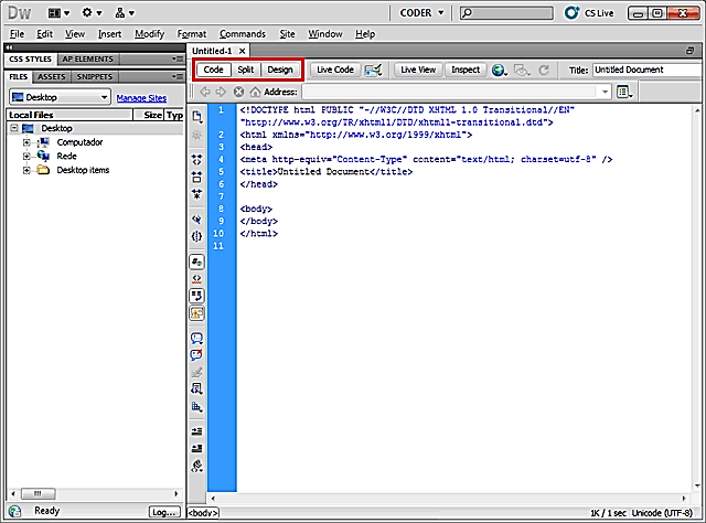 Para alterar a área de trabalho do Dreamweaver, clique no menu Window, Workspace Layout e escolha a opção Coder.
