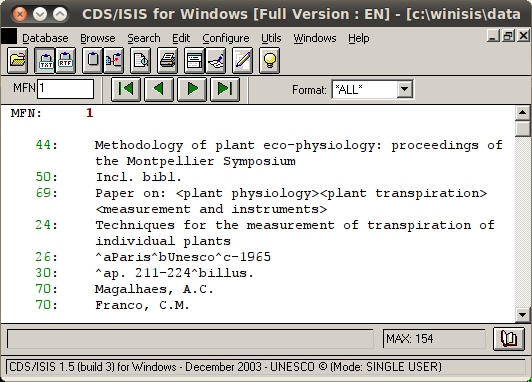 Figura 4: Registro #1 da base de dados CDS que acompanha o pacote WinISIS (tela do CDS/ISIS 1.5 for Windows rodando sobre Ubuntu Linux 10.