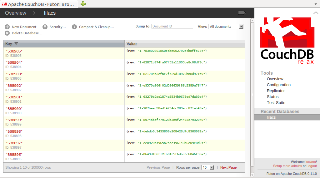 3.4 Carga dos dados no CouchDB Para carregar os arquivos JSON gerados no procedimento anterior, criamos duas bases: lilimp para os registros ISIS-JSON tipo 1, e lilacs para registros tipo 4.