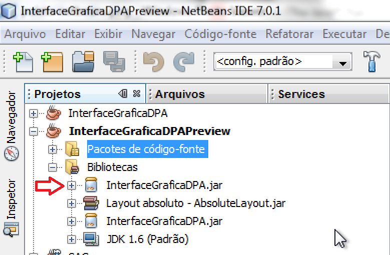 62 Na figura 23 podemos observar que ao se utilizar um componente da Biblioteca InterfaceGraficaDPA automaticamente o pacote Jar (InterfaceGraficaDPA.