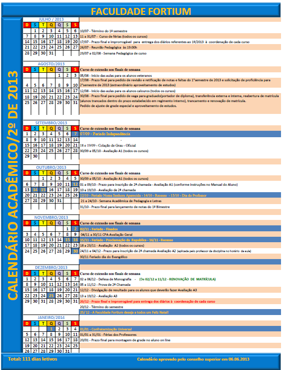 6. Calendário Acadêmico O calendário acadêmico determina as datas dos eventos acadêmicos promovidos pela Instituição, e deve ser o referencial do aluno para todas suas atividades desenvolvidas no