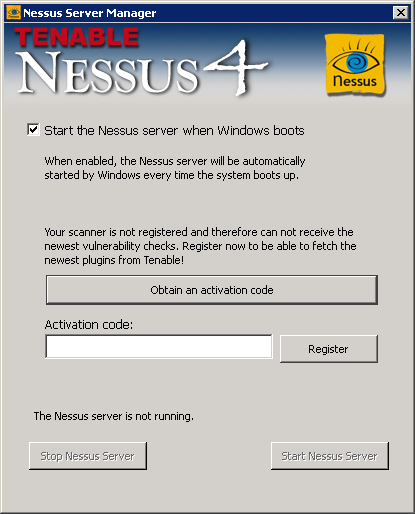 CONFIGURAÇÃO Esta seção descreve como configurar o servidor Nessus 4 em um sistema Windows. Nessus Server Manager Para iniciar, parar e configurar o servidor Nessus, use o Nessus Server Manager.
