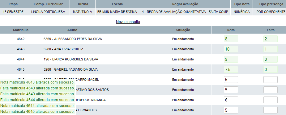 Manual do Usuário do Sistema i-educar - Versão 1.2 43 Na Figura 46 é apresenta a interface de lançamento de faltas e notas por turma.