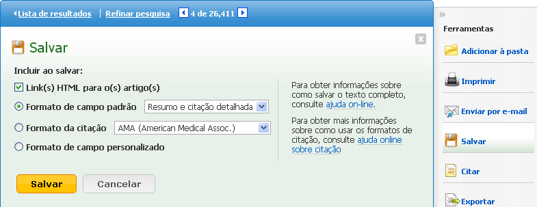 Ferramentas A ferramamenta Salvar permite salvar o registro bibliográfico no computador de acesso.