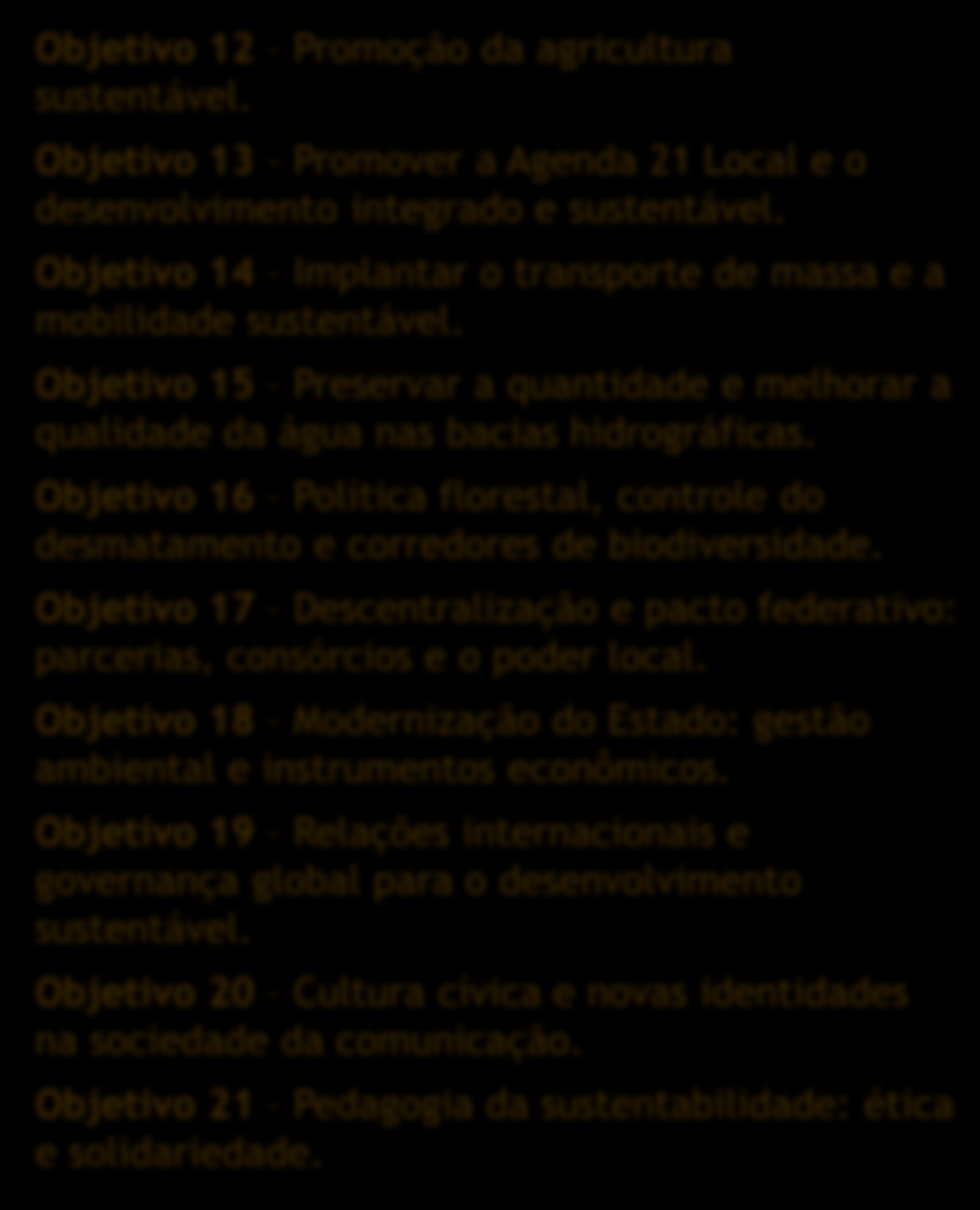 Objetivo 1 Produção e consumo sustentáveis contra a cultura do desperdício. Objetivo 12 Promoção da agricultura sustentável. Objetivo 2 Ecoeficiência e responsabilidade social das empresas.