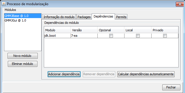 6.2.2 CAMADA DE APRESENTAÇÃO 109 Figura 6.2.7: Modularização - Gestão das dependências dos módulos No cálculo automático de dependências entre módulos, é aberta uma janela que apresenta todos os