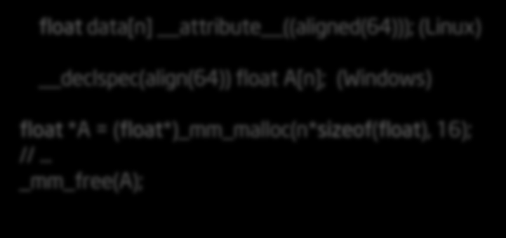 Diretivas - #pragma attribute ((aligned(64)) ou mm_malloc() / mm free() : alocação estática e dinâmica de dados alinhados float data[n] attribute ((aligned(64))); (Linux) declspec(align(64)) float