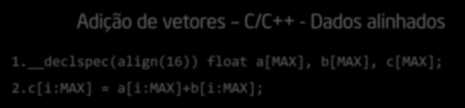 Vetorização com Intel Cilk Plus Array notations Adição de vetores C/C++ - Dados