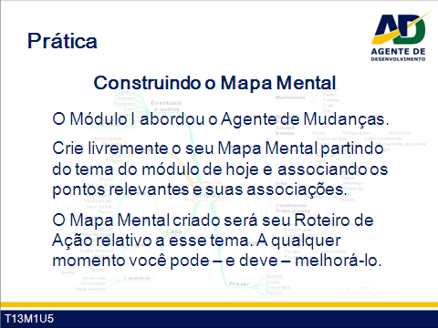 Guia do Participante - Curso de Formação de Agentes de Desenvolvimento 10 Entendida conceitualmente a ferramenta Mapa Mental, propomos agora uma atividade individual para os participantes.