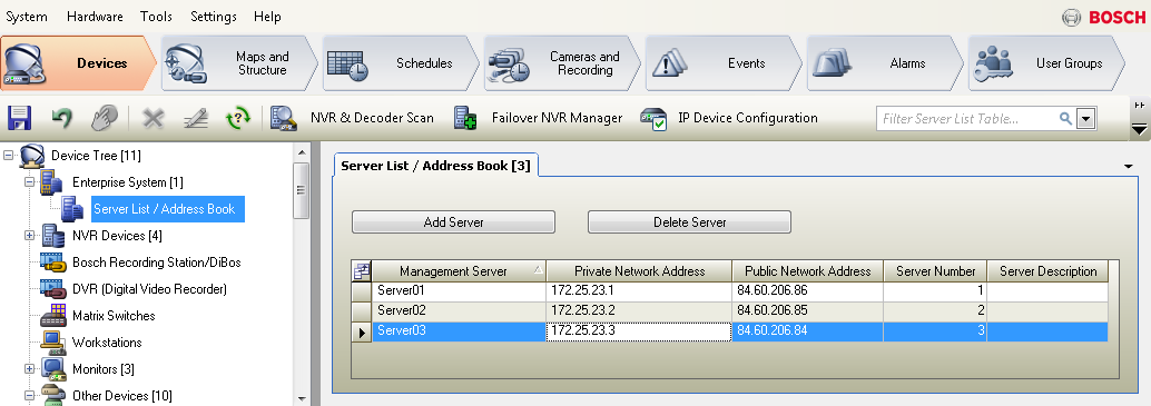 Bosch Video Management System Configurar Server Lookup pt 93 8 Configurar Server Lookup Janela principal > Dispositivos > Sistema Enterprise > Lista de Servidores Para a Server Lookup, o utilizador
