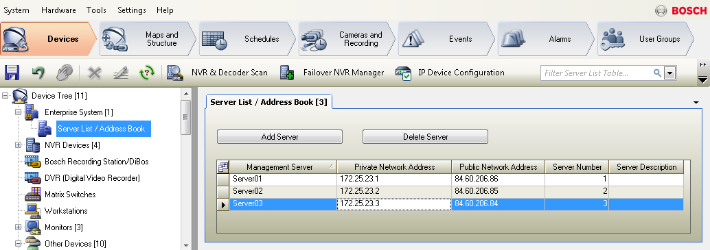 Bosch Video Management System Configurar Server Lookup pt 113 9 Configurar Server Lookup Janela principal > Dispositivos > Sistema Enterprise > Lista de servidores / Livro de endereços Para a Server