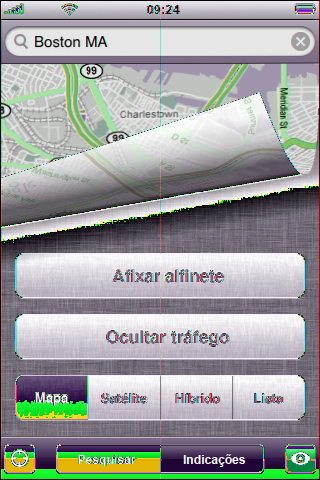 Cai um pino sobre o mapa, que pode depois deslocar para qualquer local que queira. Deslocar o alfinete rapidamente para a área apresentada actualmente: Toque em, e depois em Repor alfinete.