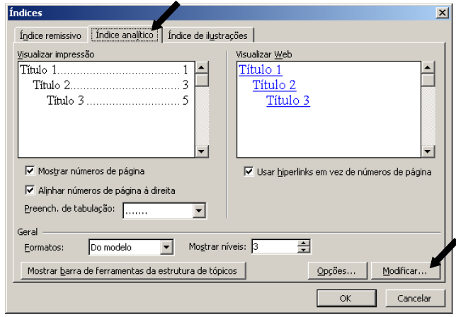 62 b) Na aba Índice analítico clique na opção Modificar.