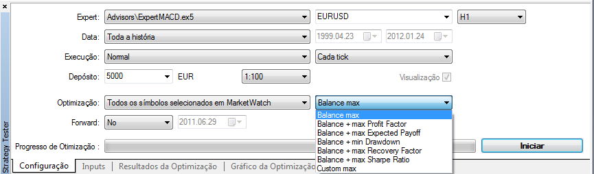 plataforma. No "Teste", escolha o parâmetro de medida que deve ser otimizado. O parâmetro padrão à ser otimizado é o saldo da conta.