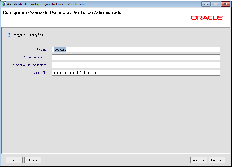 Em seguida é possível configurar o nome de usuário e senha do administrador Figura 53, para isso é necessário preencher os campos: Nome; User password; Confirm user password e Descrição.