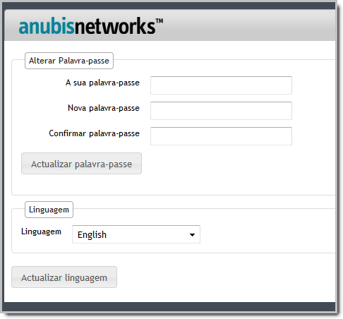 Navegação e Secções Nesta secção, estão disponíveis as seguintes opções e informações: Informações sobre quem é o utilizador actual da interface. As opções de Definições de conta.