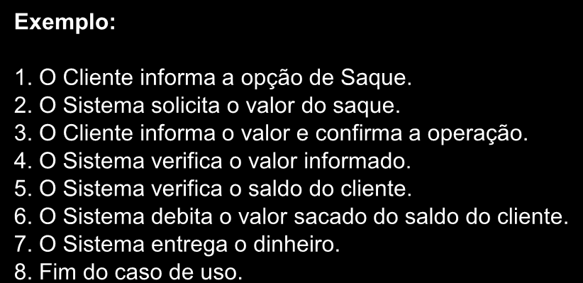 Exemplo: 1. O Cliente informa a opção de Saque. 2. O Sistema solicita o valor do saque. 3. O Cliente informa o valor e confirma a operação. 4.