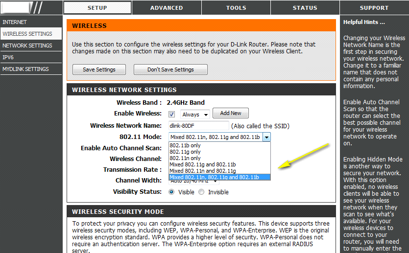 Etapa 4: Sob a opção Wireless Network Settings (Configurações de rede wireless), selecione o seu modo 802.11 desejado (as faixas de 2.