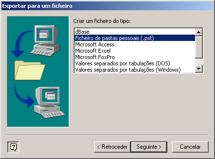 Figura 2 Assistente de importação e exportação 3. Agora deve indicar qual o tipo de ficheiro ou aplicação para o qual deseja exportar os dados.