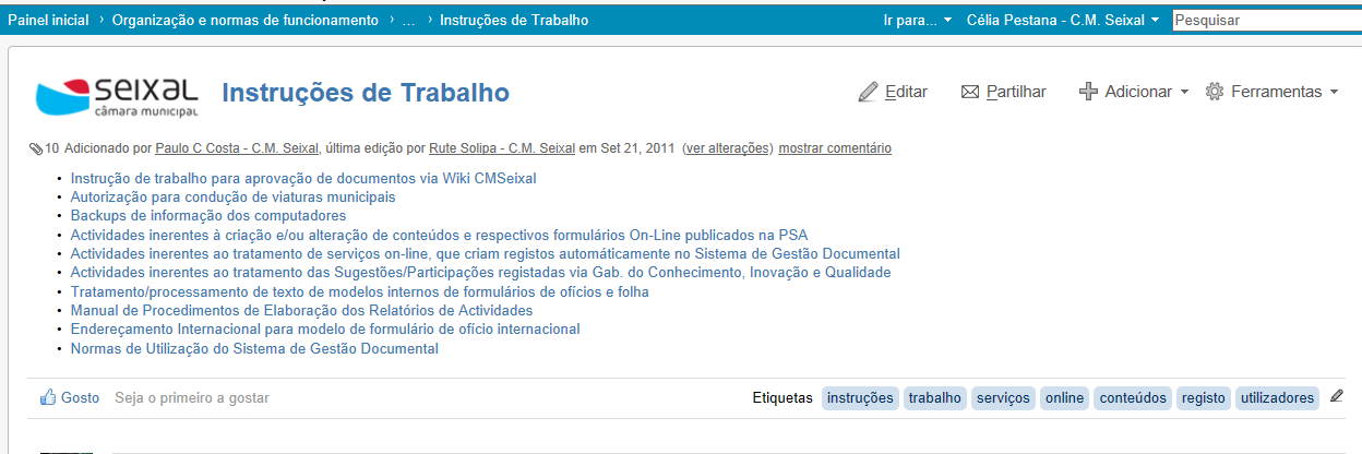 Figura nº 4: Espaço Organização e Normas de funcionamento da WikiCMSeixal, em Maio de 2013 Na figura nº5 visualiza-se uma página com