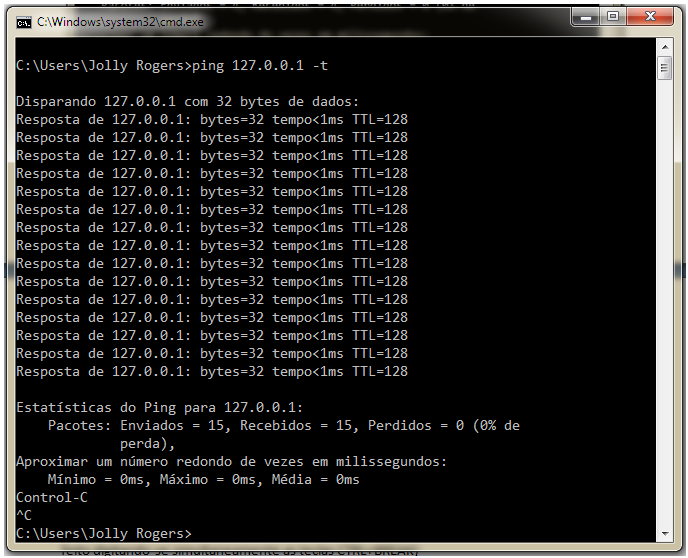 apenas quatro pacotes de dados, mas isso pode ser aumentado utilizando-se a opção -t ao final do comando, teste, por exemplo, este comando ping 127.0.