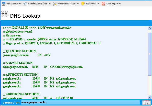 37 Figure 21: Print da tela WebAdmin => Cnfigurações => Menu =>Arping WebAdmin => Menu => Ferramentas => Rede => DNS lkup DNS lkup: Esta