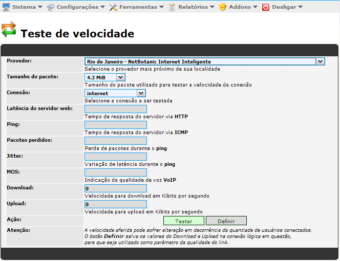 41 WebAdmin => Menu => Ferramentas => Rede => Teste de Velcidade Teste de Velcidade - "Utilizad para testar a velcidade tant de Dwn quant de UP de cada Link, cm a pssibilidade de salvar s valres d