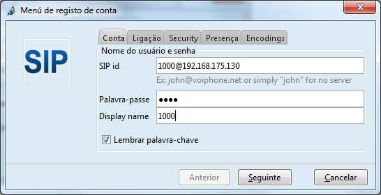 41 Figura 4.8 Rede: Tipo de rede, seleciona-se SIP. SIP id: Endereço da conta no padrão conta@servidor, no exemplo, 1000 é o número da conta e 192.168.175.130 é o endereço do servidor FreeSWITCH.