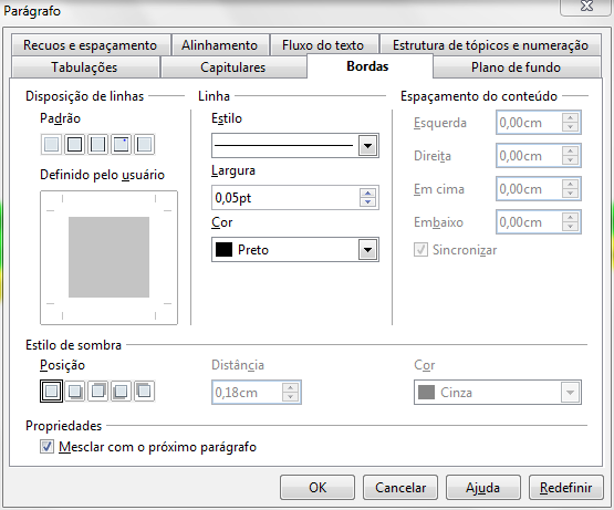 LibreOffice - Writer Figura 145: Formatação de bordas para um parágrafo.