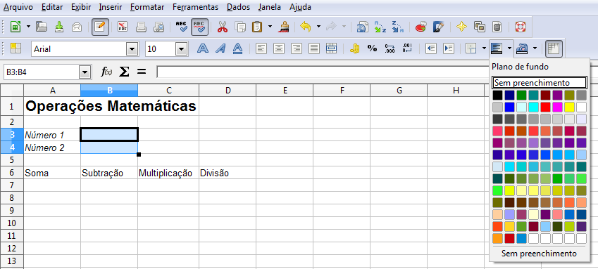 LibreOffice Calc Figura 177: Células selecionadas. Fonte: Libreoffice.org. Uma vez marcadas as células B3 e B4, clique no penúltimo botão destacado na Figura 176.