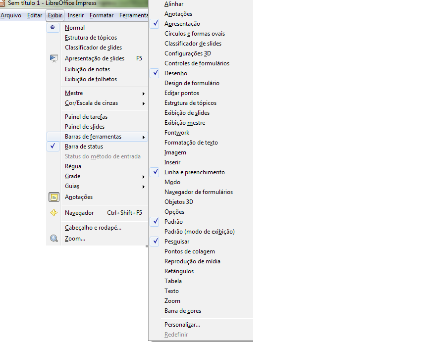 LibreOffice Impress 6.5.4 Barra de status Fica na parte de baixo da tela. A Barra de status exibe informações sobre o documento atual, como a seleção atual.