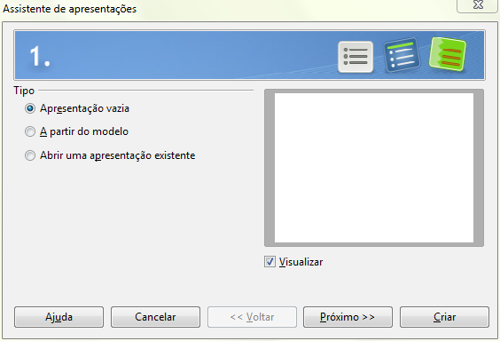 LibreOffice Impress Ao iniciar o Impress usando assistente de apresentação, será apresentado a tela do mesmo, vide Figura 214, com 3 opções : Figura 214: Tela do assistente de apresentação 1.