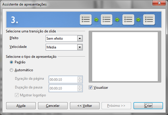 LibreOffice Impress Figura 216: Transição de slide e Tipo de apresentação Padrão Onde aparece Selecione uma transição de Slide, na opção Efeito, é possível escolher um efeito (apagar para cima, para