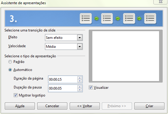 LibreOffice Impress Figura 217: Tipo de apresentação: Automático 6.6.2.2 A partir do Modelo Ao abrir o assistente de apresentação opte por: A partir do modelo Cria uma apresentação a partir de um modelo já existente.