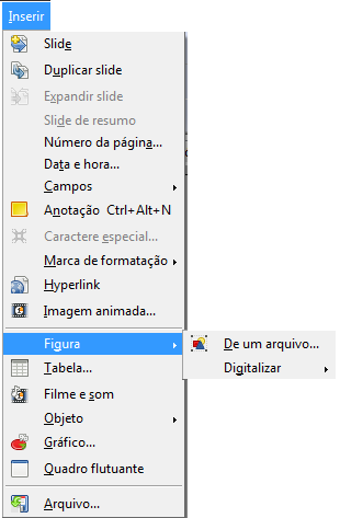 LibreOffice Impress Figura 246: Menu Inserir Figura Insira imagens corretamente para evitar corrompimento do arquivo. Muita gente costuma inserir imagens usando o recurso copiar e colar.