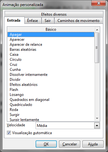 LibreOffice Impress Para adicionar o efeito, primeiramente você seleciona o objeto (caixa de texto, figura, gráfico, etc) ao qual você quer adicionar efeito.