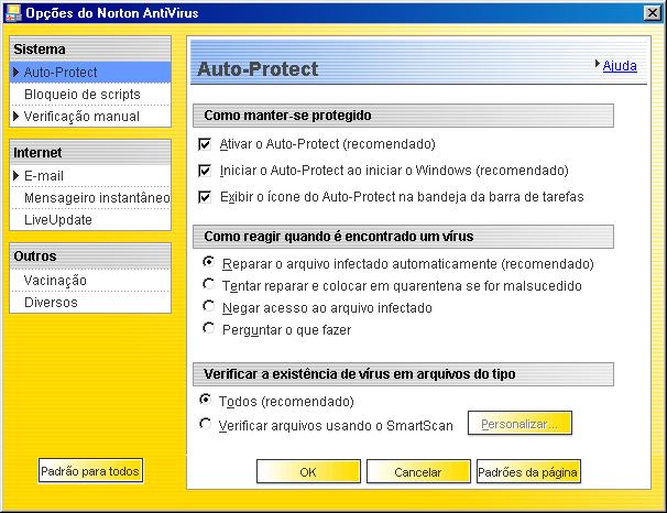 Princípios básicos do Norton AntiVirus Alterar opções do Norton AntiVirus 45 w Se você definir uma senha para Opções, o Norton AntiVirus a solicitará antes que você possa prosseguir.