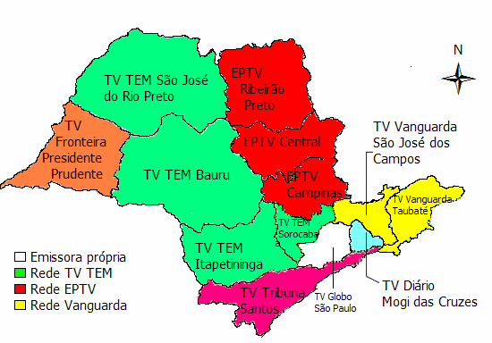 Mapa 5: Afiliadas da Rede Globo de Televisão no estado de São Paulo, 2008 contemplação de: Fonte: Rede Globo de Televisão. Sem escala.